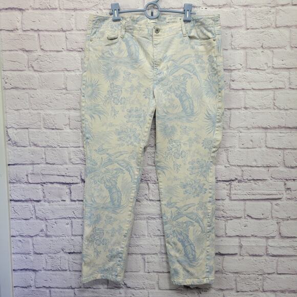 J Jill Denim Tropical Print Jeans Size 16 Authentic Fit Slim Ankle Ivory Blue - Picture 1 of 10